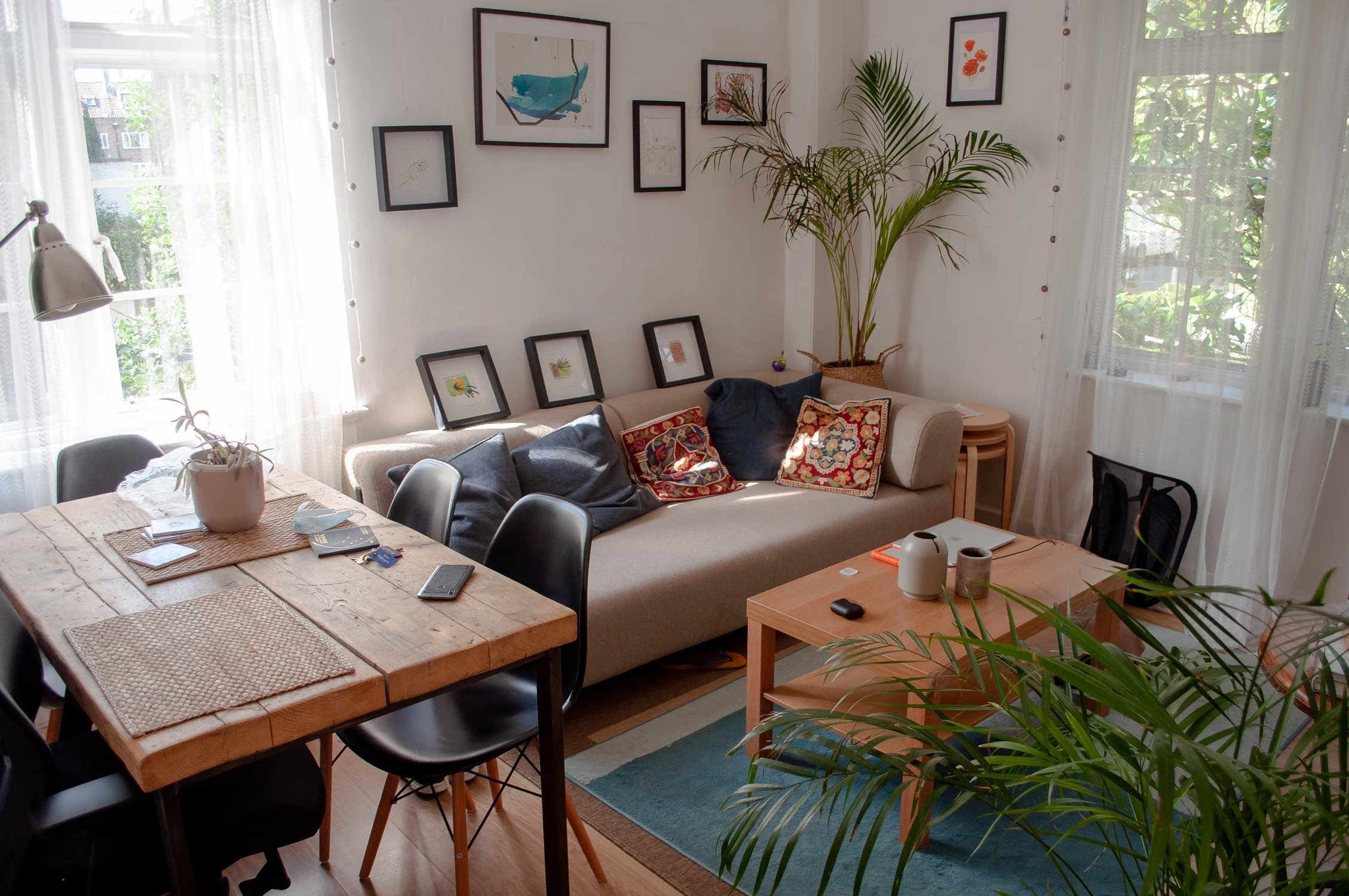 A lived-in sitting and dining room